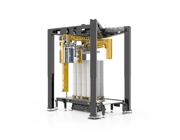 Stretch wrapper A 5000, B-version, with hold-down device and a mechanism for cutting and clamping the film.