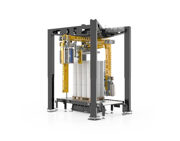 Stretchmaschine A 5000 mit zwei Dreharmen und jeweils einem Stretchkopf oben und unten an der Palette.