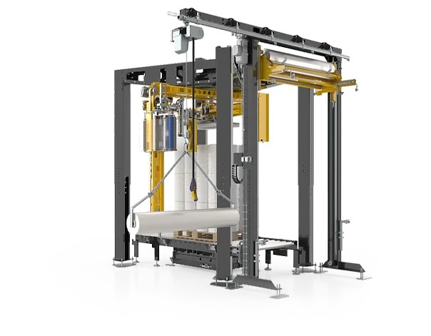Stretchmaschine A 5000 mit Deckblattaufleger und Seilzug für einen bequemen Wechsel der Deckblattfolienrolle.