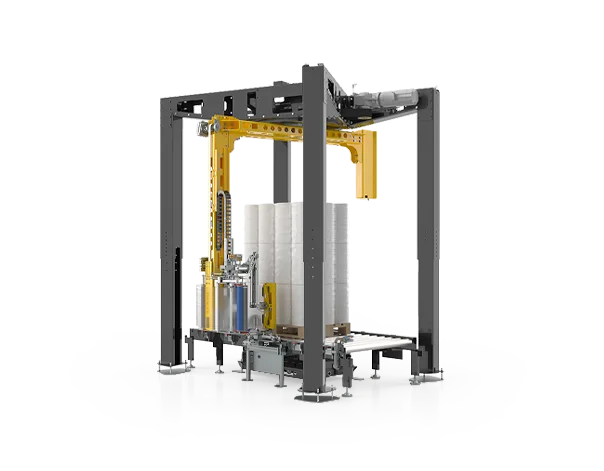 Basic model A 5000 with four-legged frame, internal yellow rotating arm with stretch head; underneath a pallet on a conveyor belt.