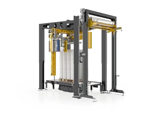 Stretch machine A 5000 with a pre-positioned tower with top sheet applicator that places the sheet on the pallet before wrapping.