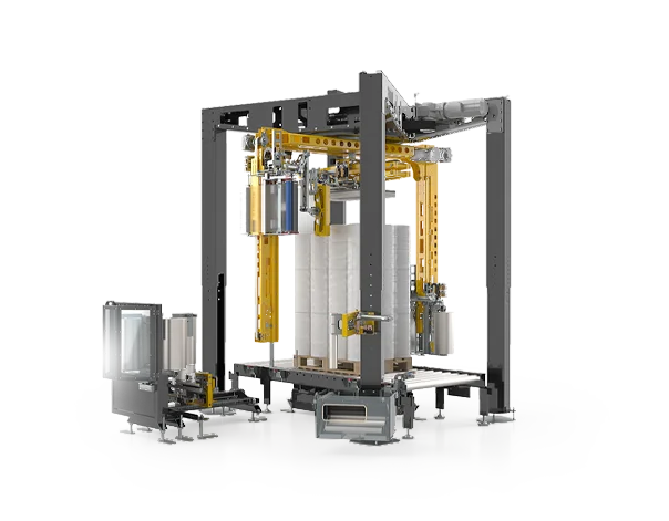 Stretch machine A 5000 with two stretch heads, hold-down device, and side-mounted film change system with roll magazine.